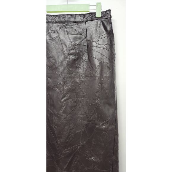 Vintage Mattina T Brown Genuine Leather Patchwork Mob Wife Midi Skirt, Size 12 - Picture 3 of 12